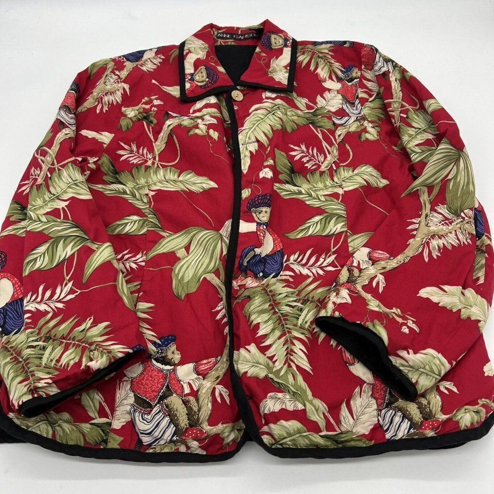 Vintage Anne Carson Red Monkey Print Quilted Jacket Size L Pockets